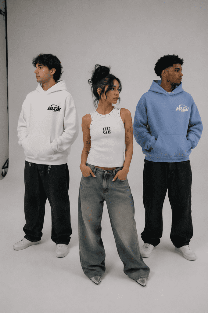 Tres modelos posando con sudaderas y tops Huge Brand en sesión de fotos streetwear