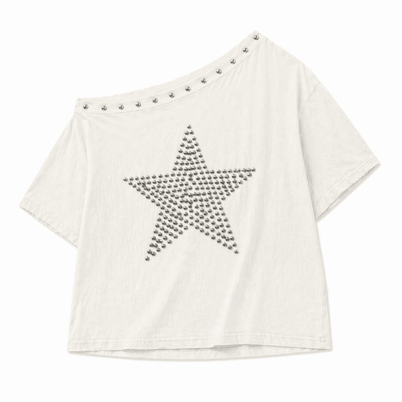 Camiseta streetwear blanca frontal de manga corta con estrella y tachuelas