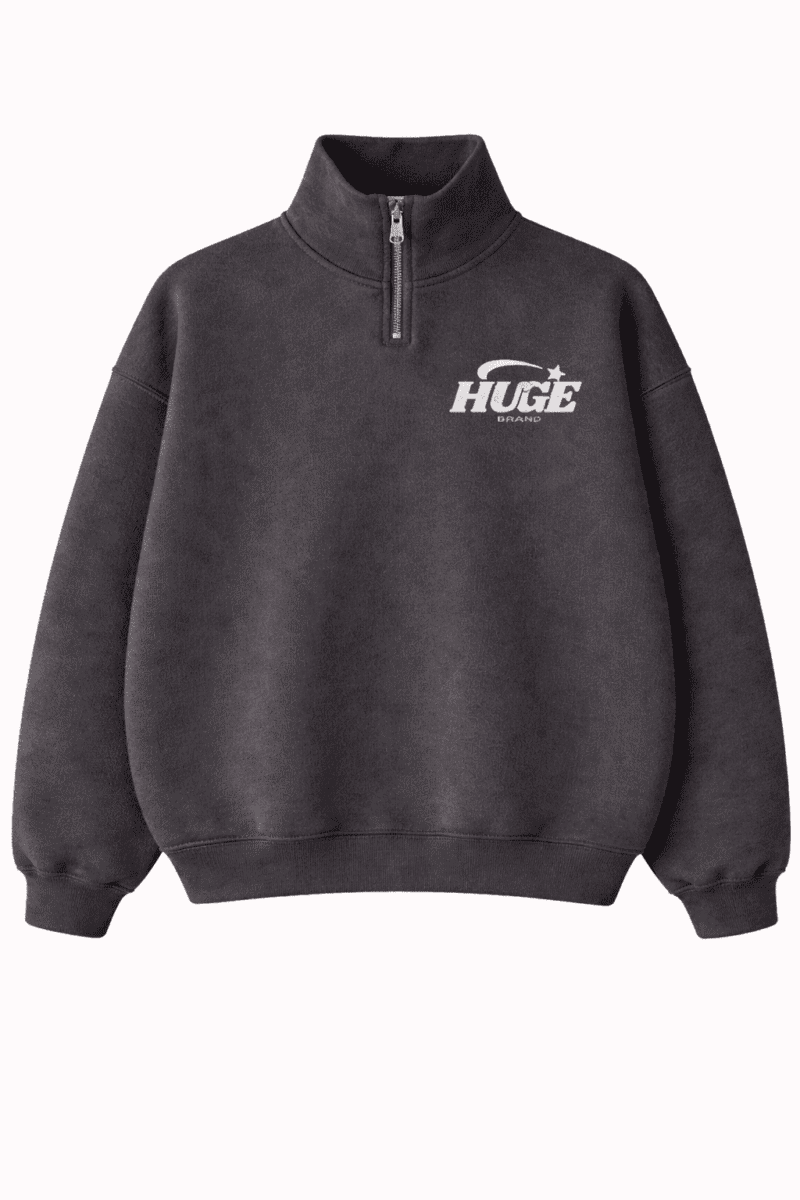 Sudadera streetwear oversize gris con cremallera y logo Huge frontal